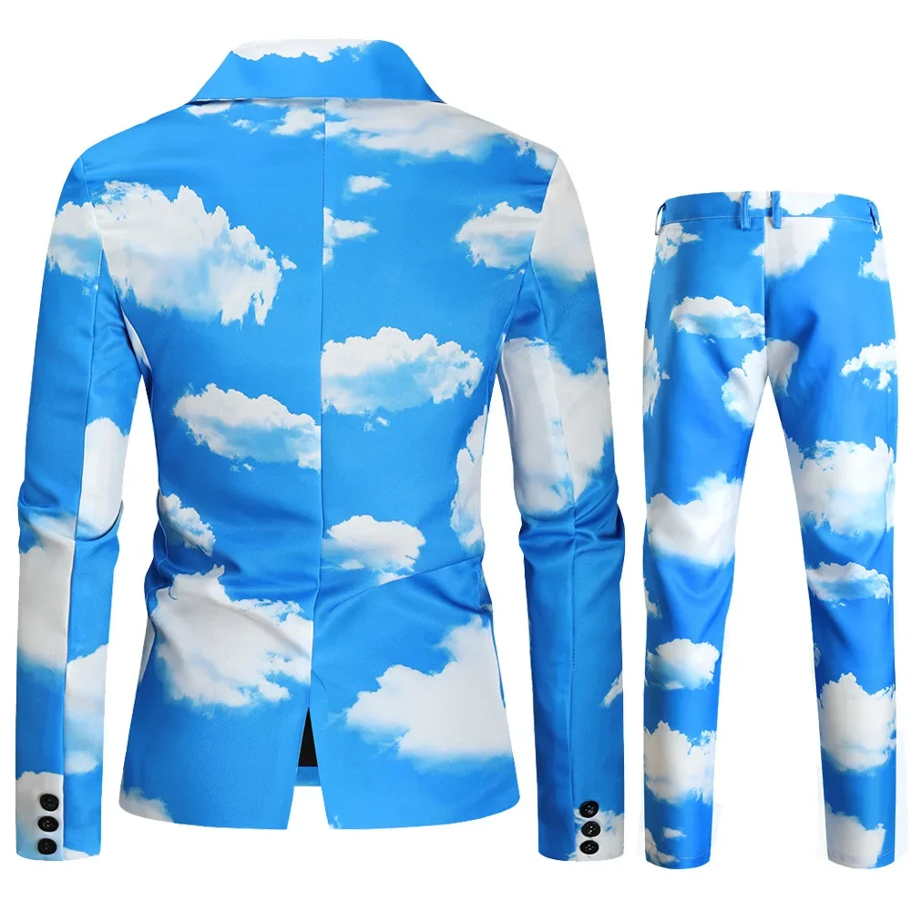 HOO Autumn New Men's Blue Sky White Clouds Printed Suit Two Pieces