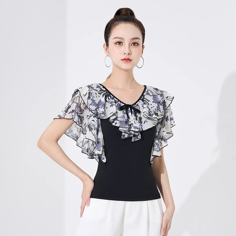 

2023 Latin Dance Practice Clothes For Women Short Sleeved Chacha Rumba Tango Dress Female Ballroom Latin Dance Costumes DQL8514