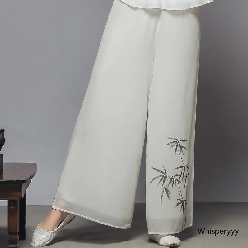 Double-layer Chinese Style Casual Chiffon Wide-leg Pants Women Trousers Summer Chinese Retro National Zen Yoga Skirt Pants