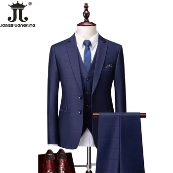 ( Jacket + Vest + Pants ) Luxury Boutique Striped Men's Formal Casual Business Office Suit Groom's Wedding Dress Plaid Suits