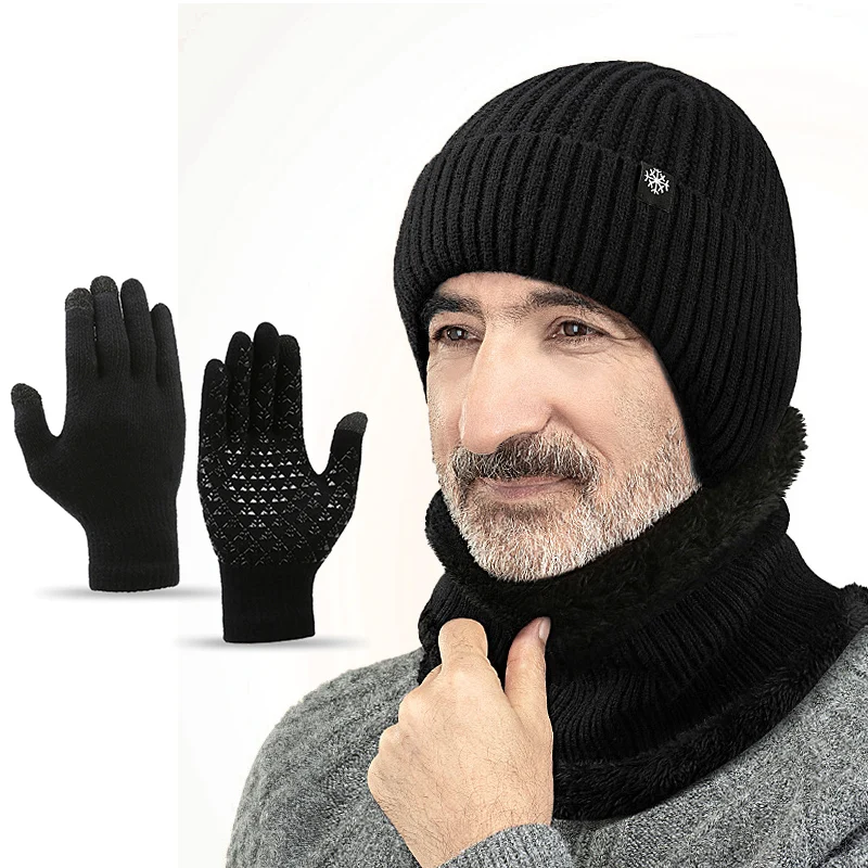Winter Hat Neck Cover Gloves Three-Piece Set Middle-Aged And Elderly Ear Protection Knitted