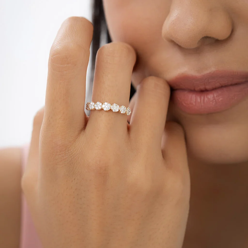 Ehhai Runder Moissanit-Blumen-Cluster-Halb-Ewigkeitsring für Frauen, 925er Sterlingsilber, Hochzeit, Verlobungsring, edler Schmuck, Geschenk – Detail 15