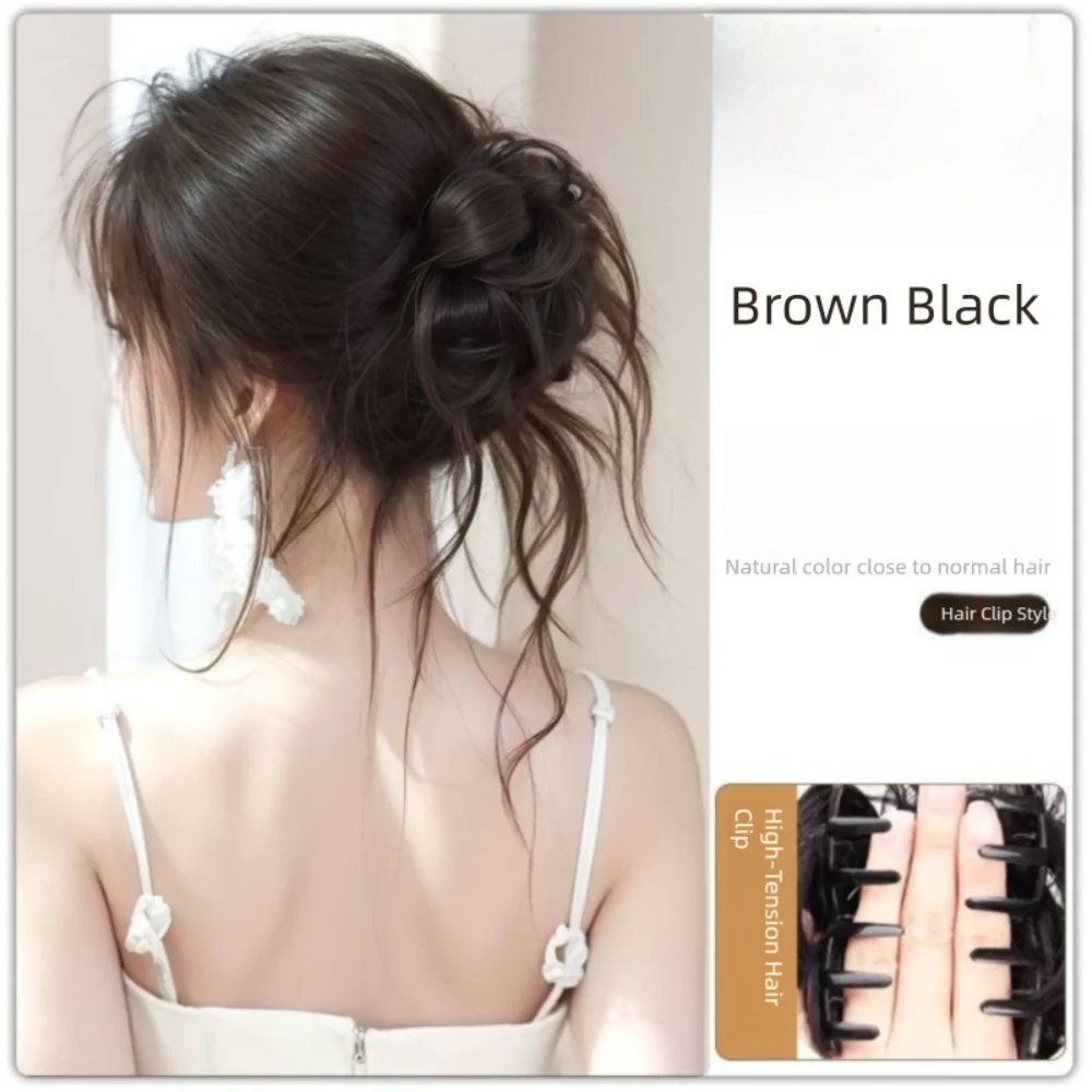Synthetic Hair Bun Claw Clip Natural Black Fluffy Wig