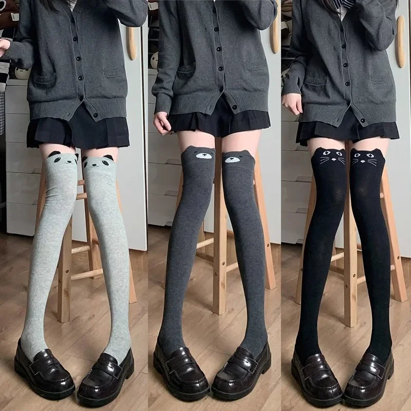 Women's Cotton Cat Bear Printed Stockings JK Japanese Style Cute Knitted Over The Knee Socks Thigh High Warm Thicken Long Sock
