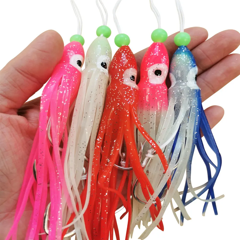 AS 5pcs/lot Slow Jig Silicone Skirt Fishing Hook Glow Assist Hooks With Squid Skirts Lumious Sea Fishing Accessories funadaiko 5m 8 strands slow assist line wrap core fishing hook line sea assist hook jigging binding lines fishhook assist rope