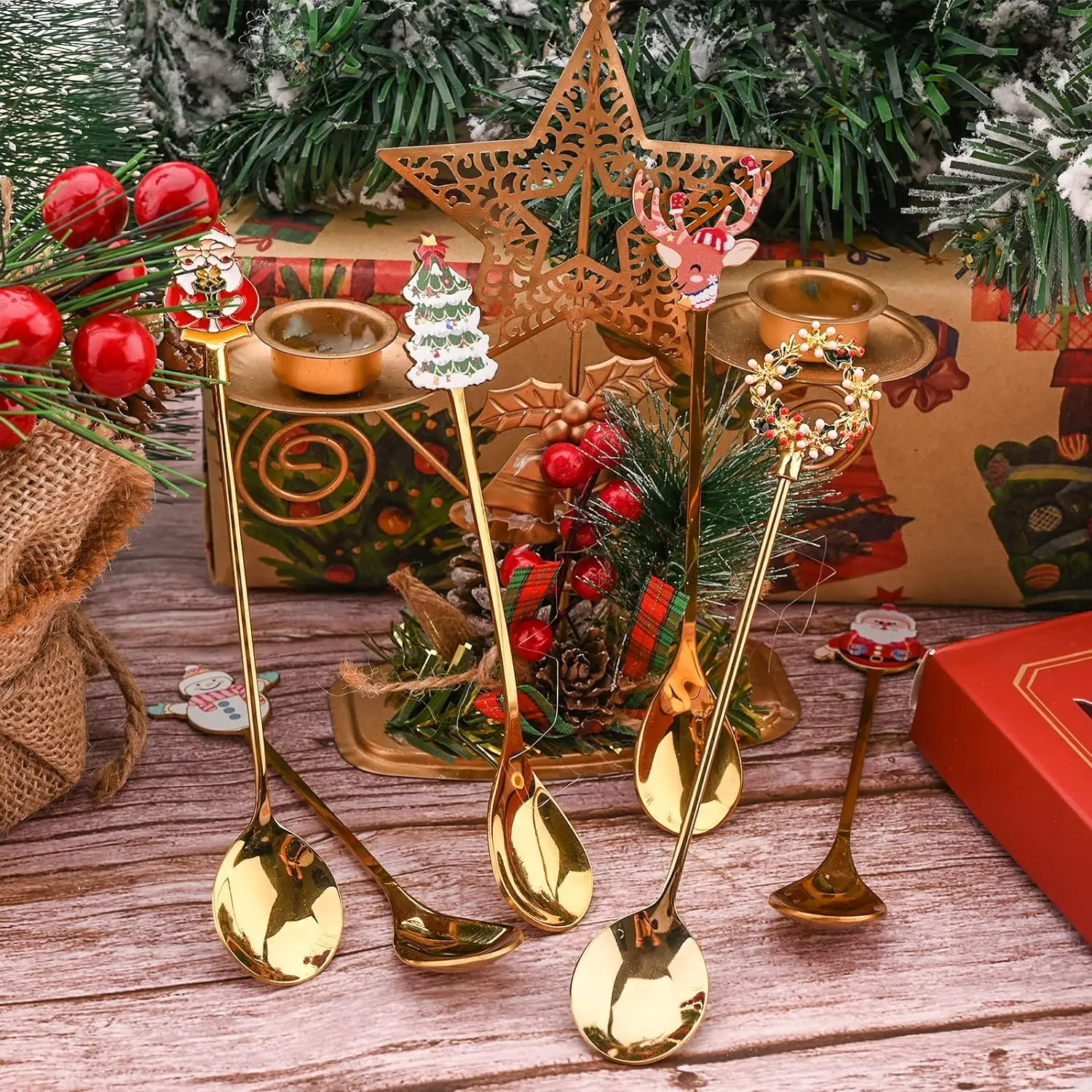 Anierax Weihnachtslöffel-Set – 6-teilig Aus Edelstahl, Mit Weihnachtsmotiven – Perfekt Für Dessert, Kaffee & Deko