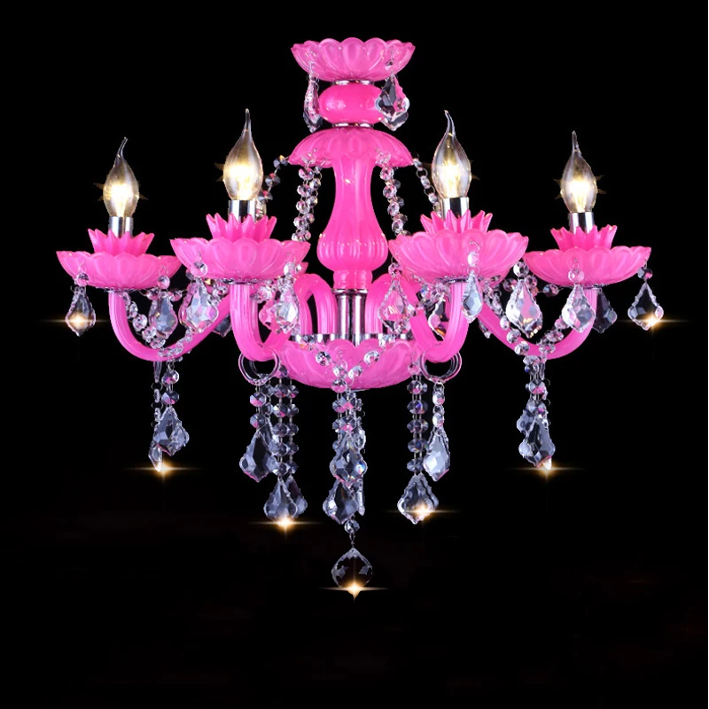 

European Style Pink Crystal Candle Chandelier Princess Children's Room Decoration Lamp Villa Hotel Restaurant Lobby Pendent Lamp