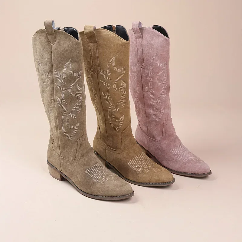 Embroidered Western Cowboy Boots for Women Autumn Pointed Toe Thick Heel High Knee Boots Woman Loose PU Leather Long Botas Mujer - 4