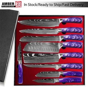 Amber Damascus Chef Knife Set 1