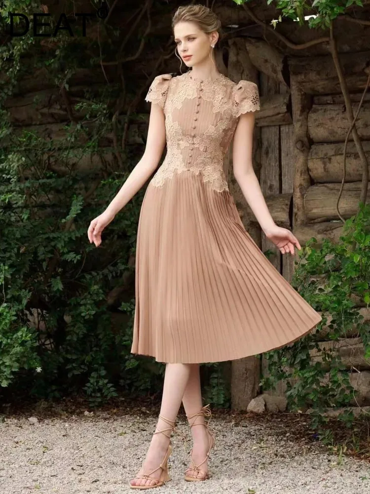 

DEAT Women Fashion Elegant Dress Button Hollow Out Single Breasted Lace Floral Embroidery Pleated Dresses 2024 Summer New 35Z291