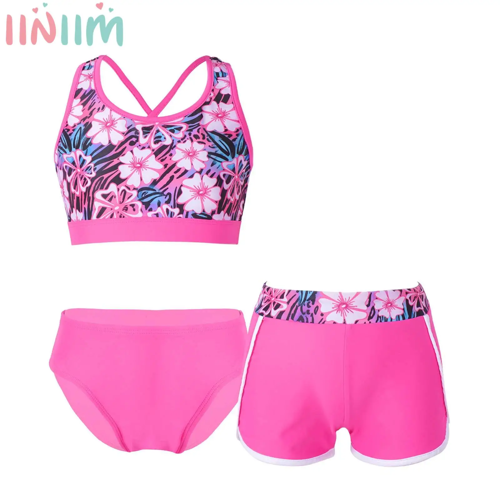 

3Pcs Kids Girls Swimwear U Neck Cross Back Crop Tops with Shorts Briefs Set Beach Pool Rashguard Suit Swimsuit Bathing Tankinis