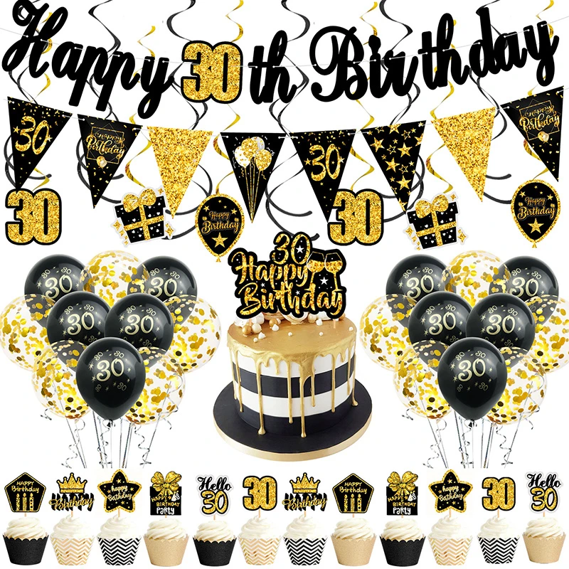 Decoración Para fiesta de cumpleaños de 30 años, adorno para pastel de oro  y negro, guirnalda con banderines, remolino, 30 adultos, telón de fondo  para fiesta de aniversario| | - AliExpress