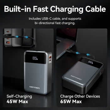 Vention 65W Portable Power Bank 20000mAh PD Fast Charging with Built-in USB Type-C Cable for Laptops iPhone 16 15 14 13 Pro Max 2