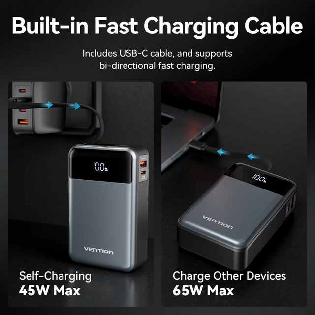 Vention 65W Portable Power Bank 20000mAh PD Fast Charging with Built-in USB Type-C Cable for Laptops iPhone 16 15 14 13 Pro Max 2
