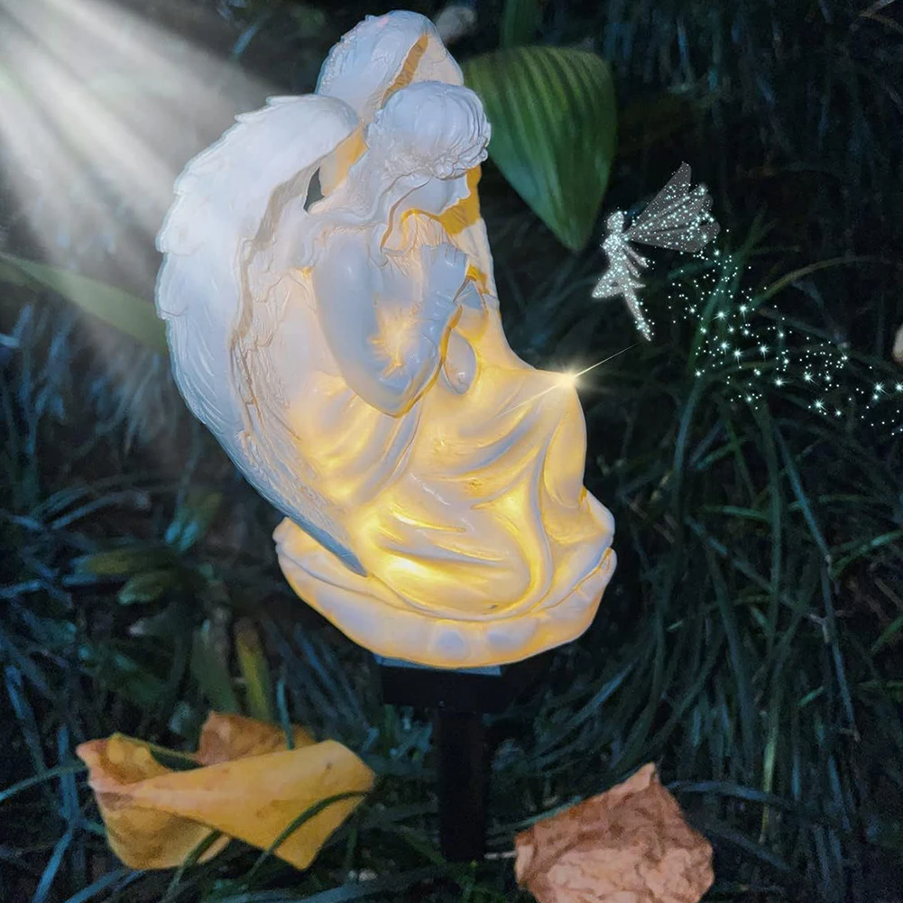 정원 태양 천사 조각 방수 LED 태양 요정 조명, 송진 태양 LED 천사 램프, 정원 발코니 마당용 날개 천사