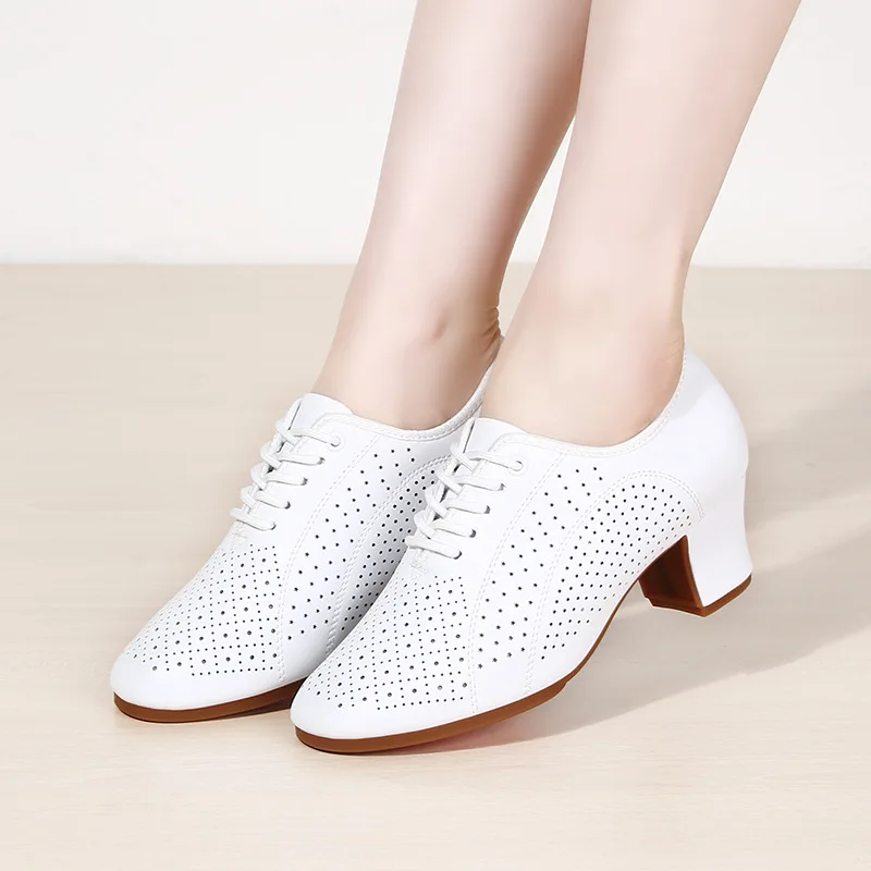 Cowhide Shoes Women soft Rubber sole Latin Dance Shoes Social Dance Shoes Four Seasons square Breathable Perforated Shape