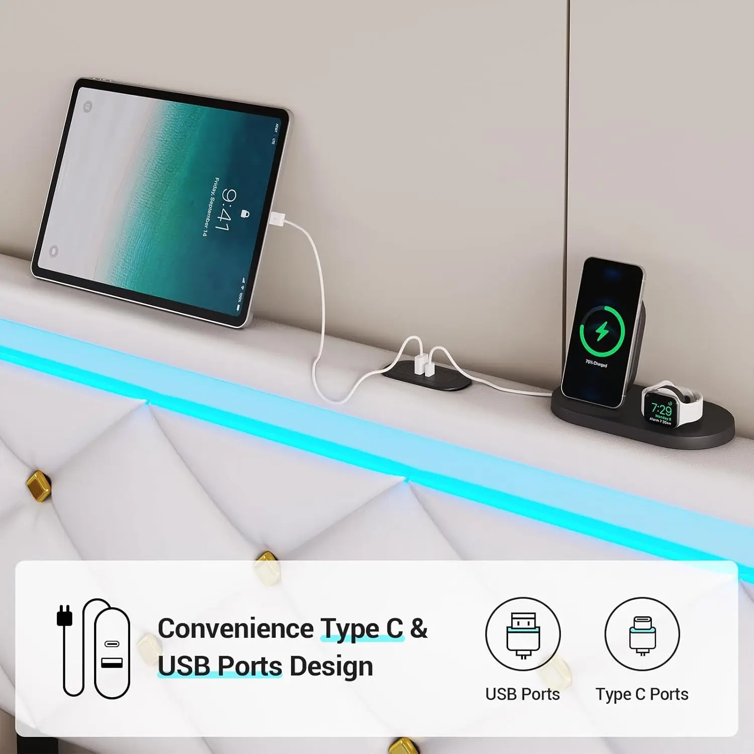Floating King Bed Frame with LED Lights and USB Ports Modern Upholstered Platform LED Bed Frame King Size,White 6
