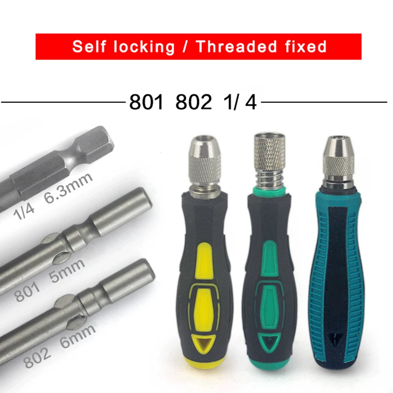 801/802 1/4" Screwdriver Bit Handle PP+PVC - Fits 5MM 6MM 1/4(6.35mm) Bits, For Round Screwdrivers, Threaded/Self-Locking