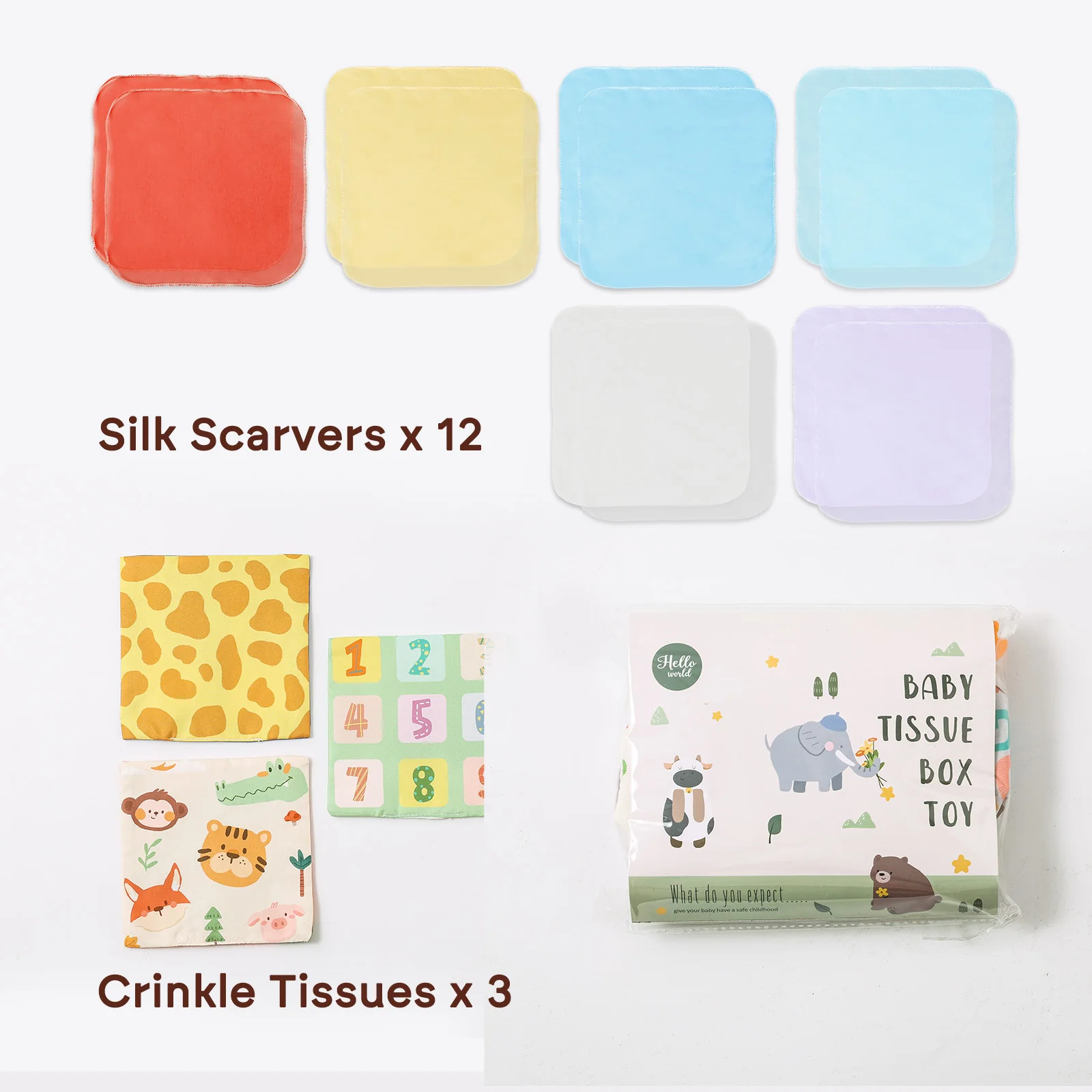 Baby Magic Tissue Box Spielzeug – 12 Seidenschals + 3 Knistertücher, Bärenspiegel, Enten-Geräusch, Weiche Baumwolle, BPA-frei, Sensorisches Geschenk – Detail 5