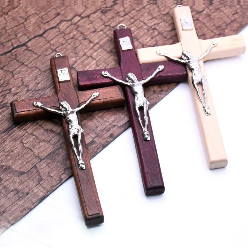1pcs Handmade Wooden Cross Christ Statue Religious Prayer Hand Holding Pendant