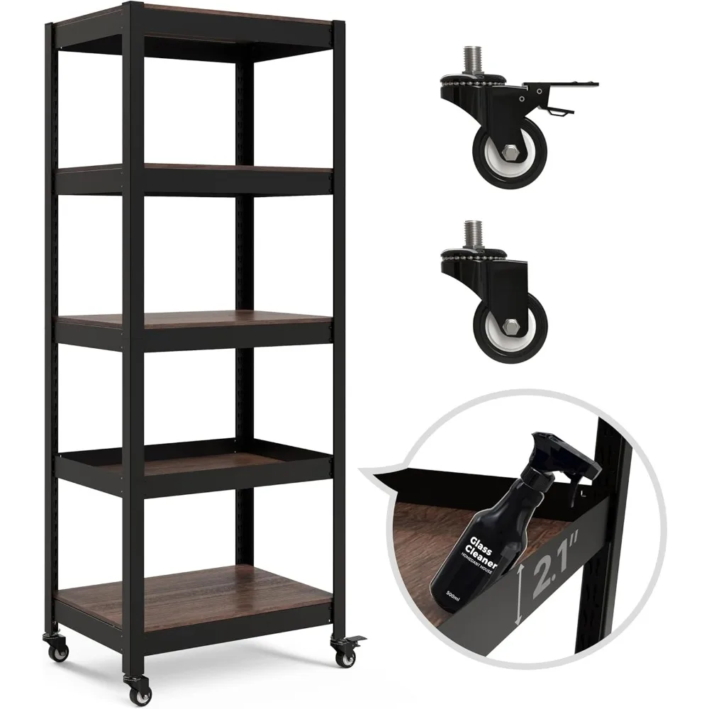 HOMEDANT House 5-Tier Metal Rolling Cart Shelf Rack Casters Heavy Duty Laminated Wheel Shelving Unit Adjustable Utility Storage