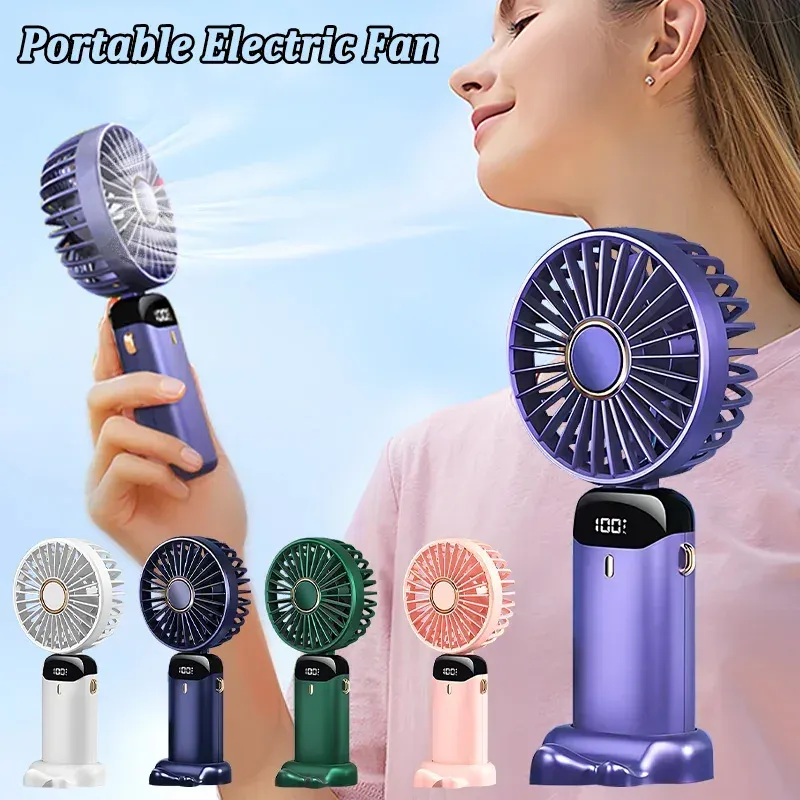 USB Handheld Mini Fan Foldable Portable Neck Hanging Fans 5 Speed USB Rechargeable Fan with Phone Stand and Display Screen