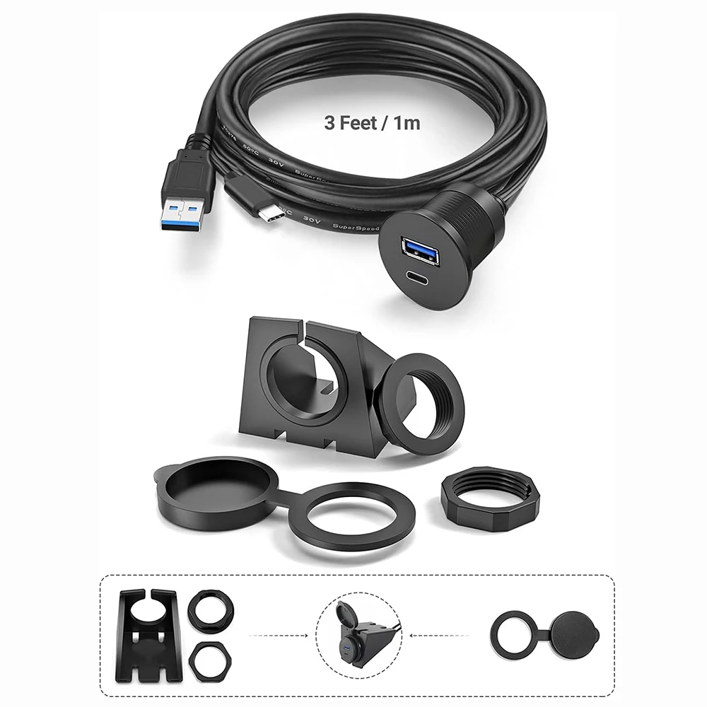 1M USB-A & C타입 연장 케이블 듀얼 포트 남성-여성 플러시 마운트 패널 방수 코드 (자동차 대시보드, 보트, 오토바이용)