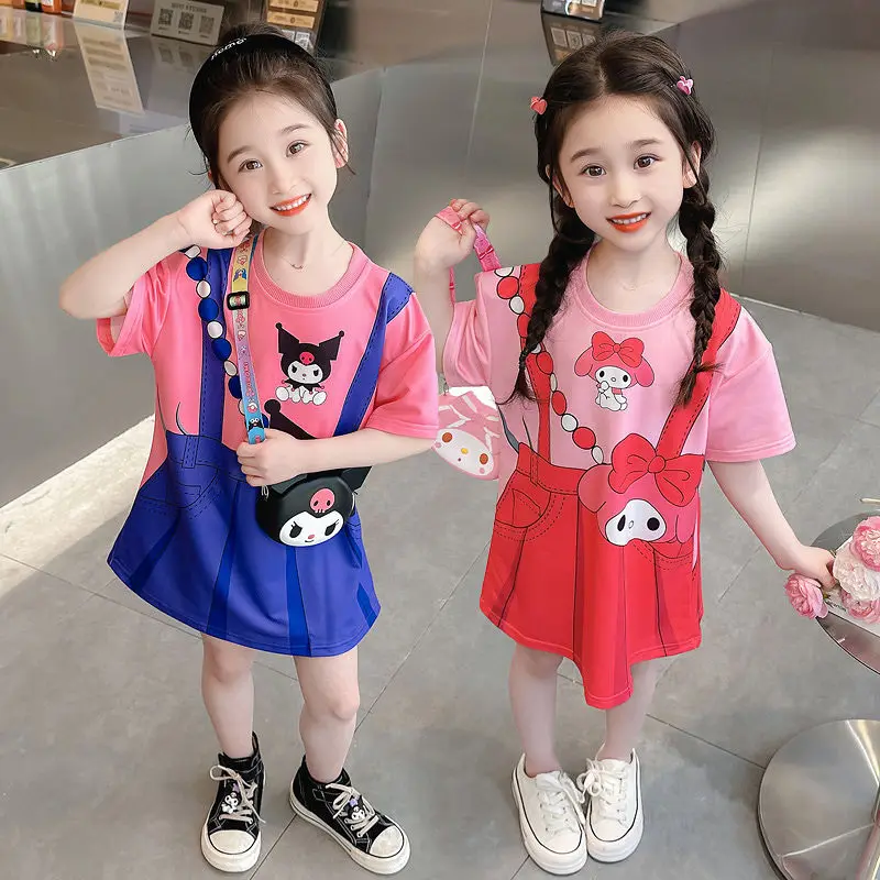 

Sweet My Melody Anime Kawaii Sanrio T-Shirt Dress Summer Cute Kuromi Cartoon Baby Print Short-Sleeved Skirt Gifts for Kids