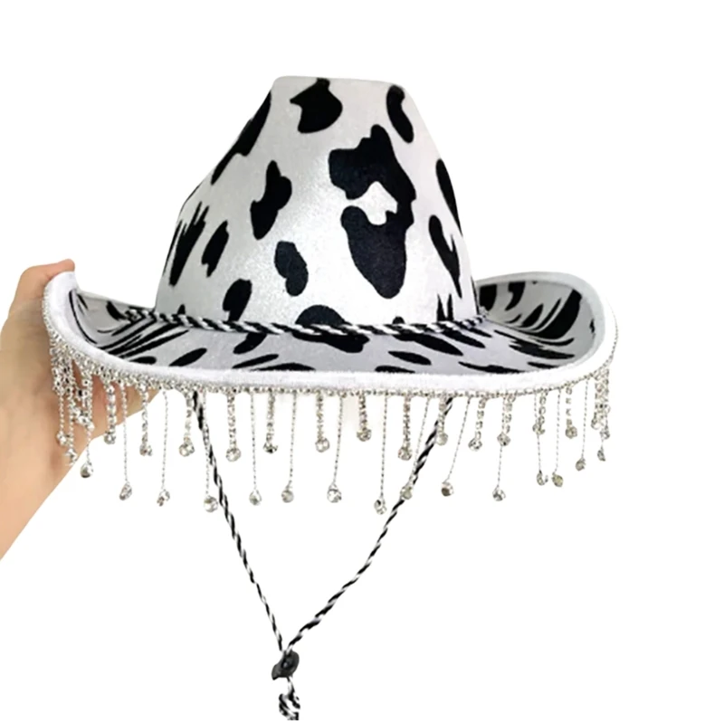 

Large Brim Tassel Hat for Women Men Cowboy Hat Cow Print Cowgirl Hat Rustic Fedora Hat Universal Party Costume Hat Dropship