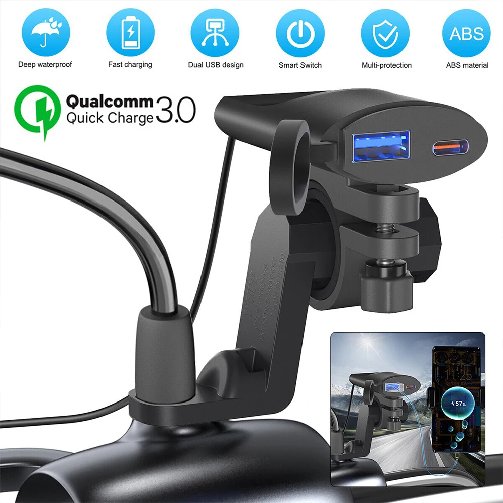 

12V 24V Quick Charge USB A Type-C Dual Port Waterproof Handlebar Clamp Rearview Mirror Mounting Power IP67 Fast Car Adapter