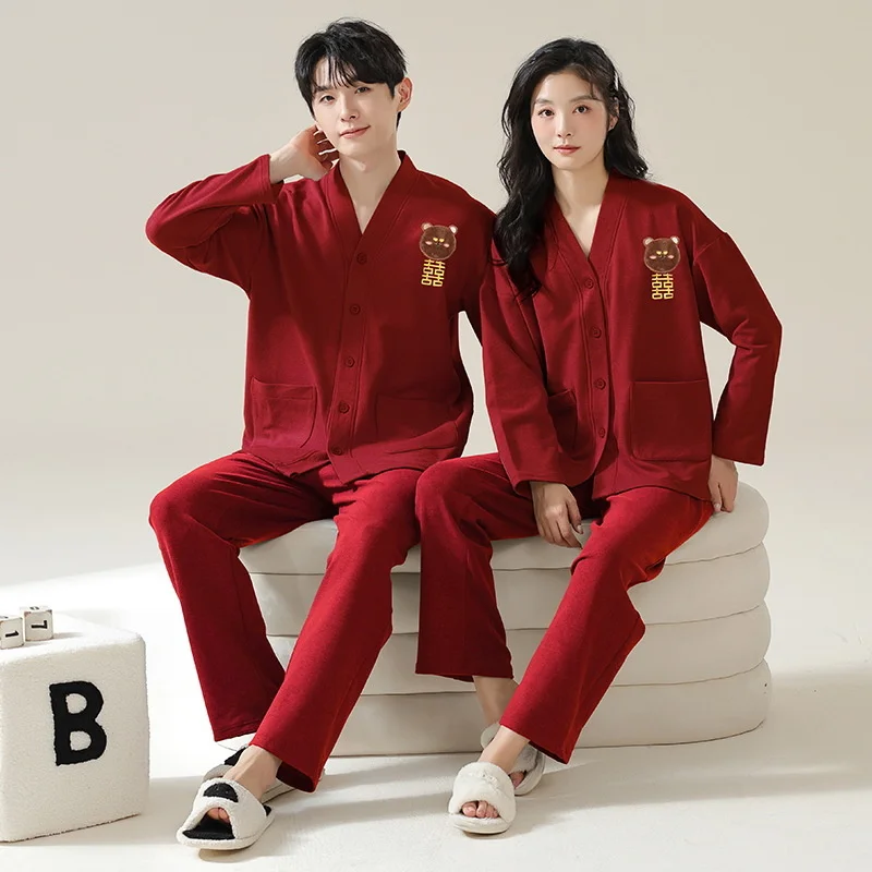 2023 Cotton Nightwear Couples Spring Men Long Pajamas Women Cardigan Fashion Print Thicken Loose Sleepwear
