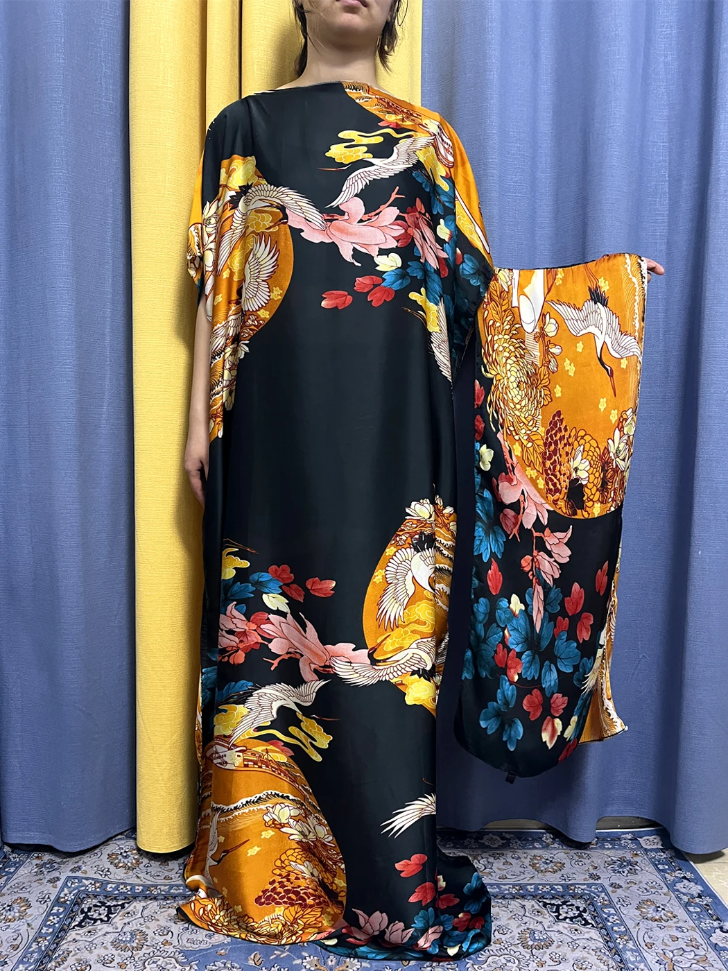 Abayas For Women 2023 Muslim Fashion Silk Print O-neck Short Sleeve Dresses Loose Femme Robe Nigeria Kanga Clothinng With Turban