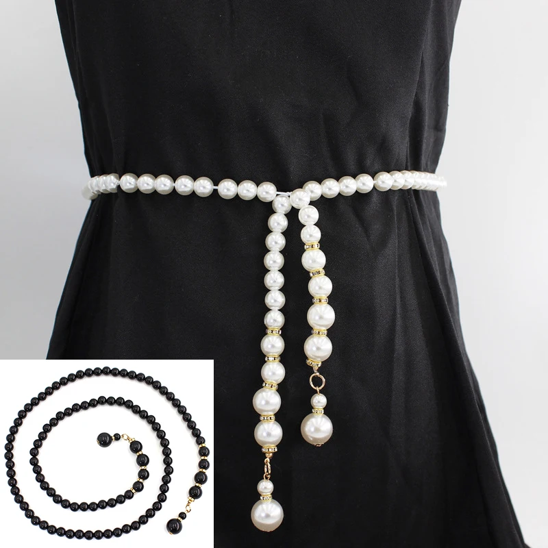 Fashion Elegant Long Rhinestone Pearl Belt Ladies Thin Waist Chain