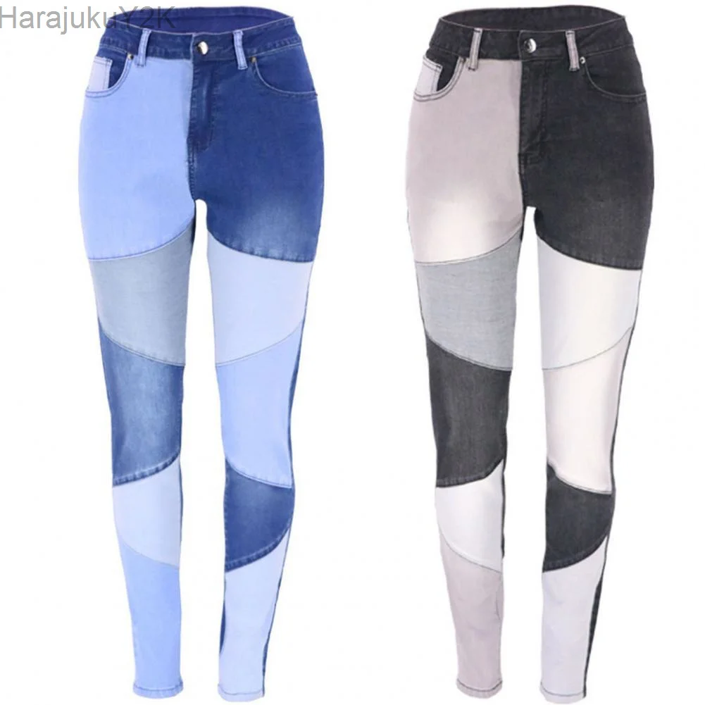 Fashion Women Splicing Jeans Slim Casual Tight High Waist Denim Trousers for Female Vintage Patchwork Skinny Pants Streetwear fashion broken holes hollow out tight stretch jeans women slim fit pencil denim pants female trousers trend commuter streetwear