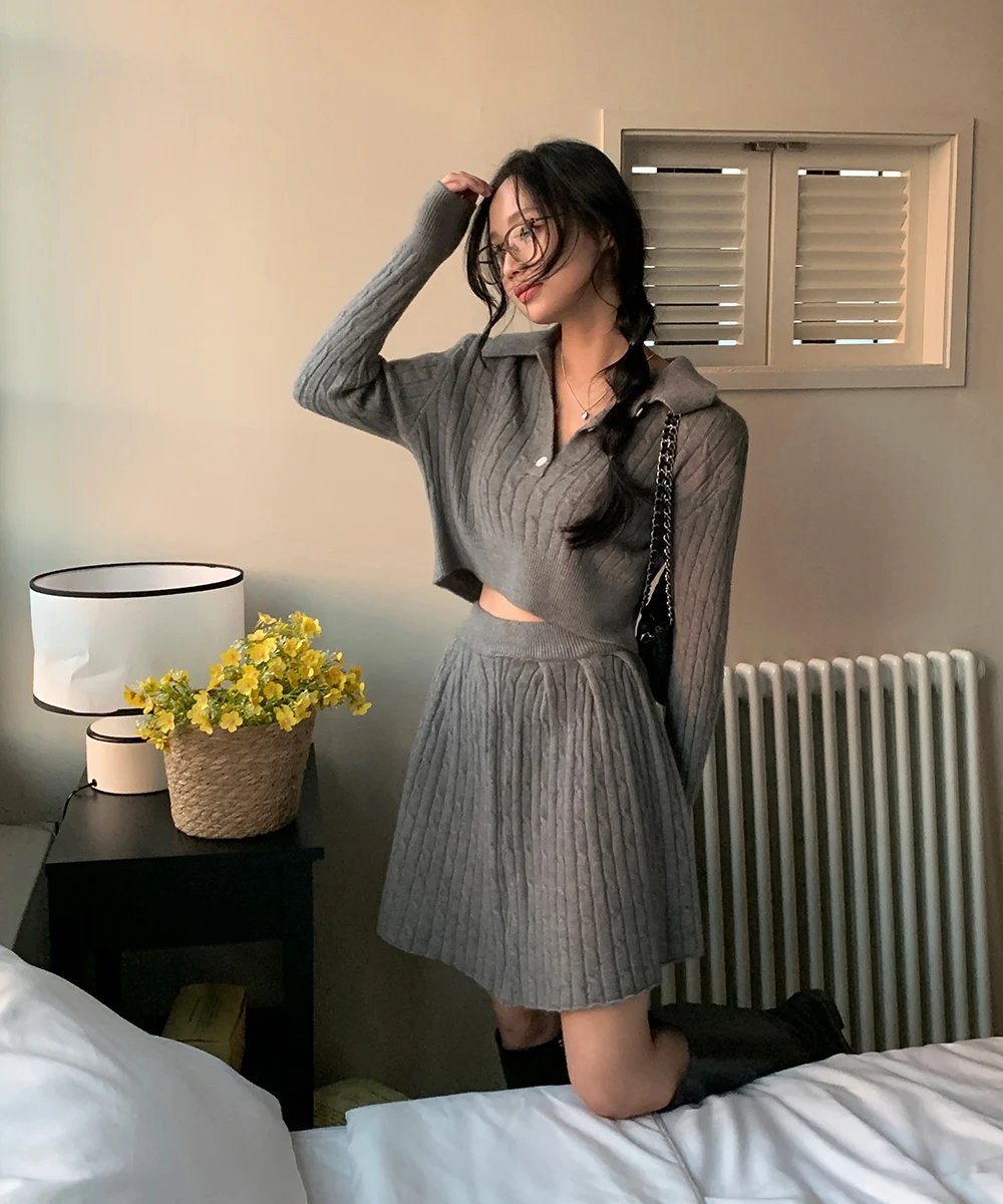 Korean Fashion Two-piece Set Women Pullover Turn-down Collar Crop Top Mini Skirt Solid Casual Suit Autumn New Knitwear Outfits
