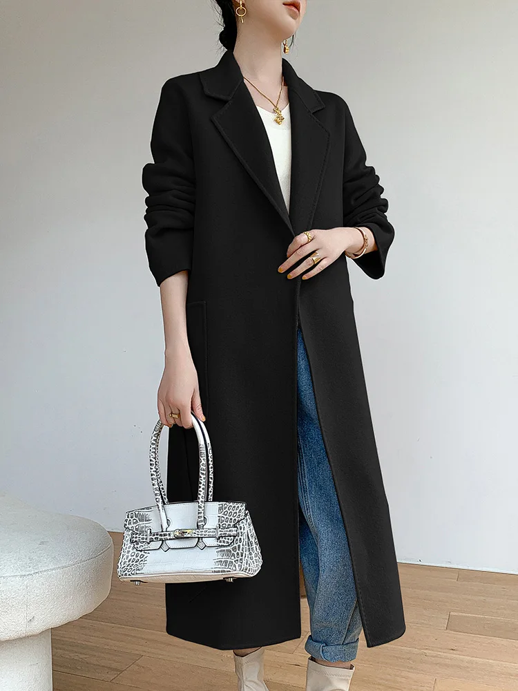 Latest Women's Coat Reversible Woolen Coat 100% Pure Wool Autumn and Winter Solid Color Fashionable Height-Showing Women's Coat