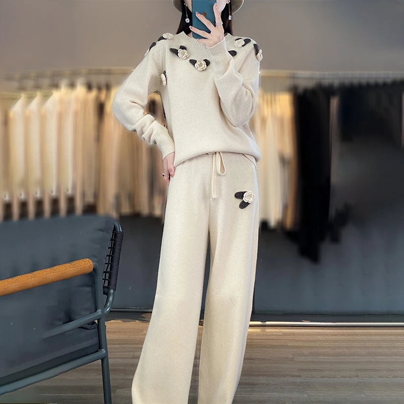 

New Women's 100% Wool Set Long Sleeve Knitted O-Neck Pullover Sweater Versatile Long Wide Leg Pants Women's Wool Two Piece Set