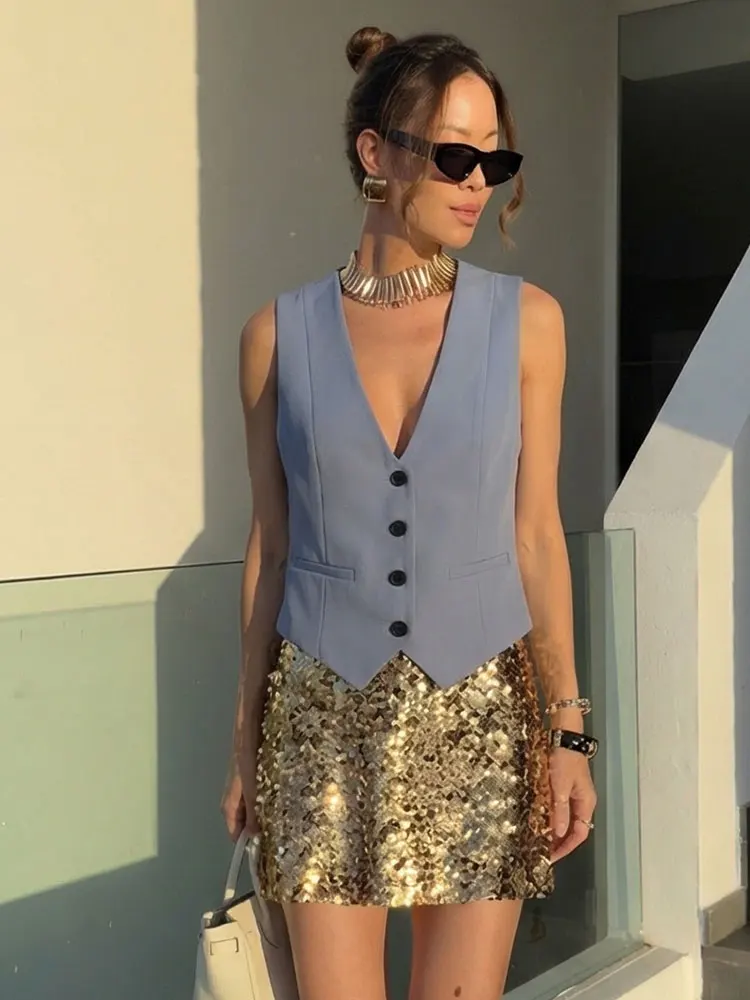 HH Women Casual V-Neck Sleeveless Waistcoat Elegant Fashion Solid Single-breasted Short Vest Chic Tops Female Summer Outerwear