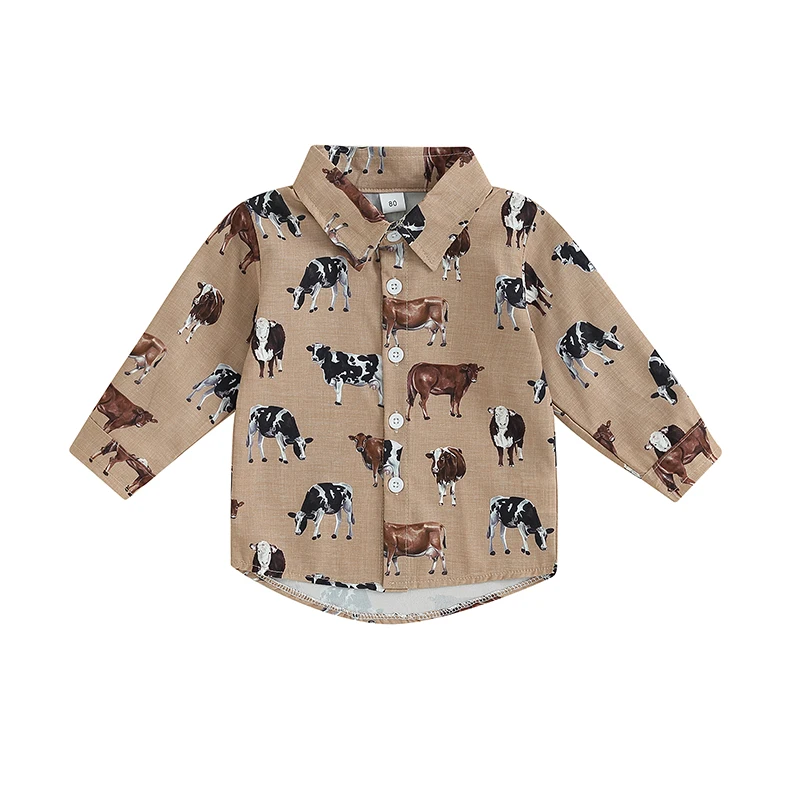 Kids Boys Shirts Western Style Cow Print Long Sleeve Turn-Down Collar Blouse Toddler Tops Fall Winter Casual Clothes
