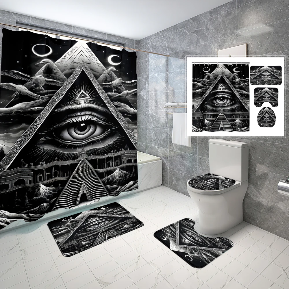 ชุดผ้าม่านห้องน้ำลายพิเศษ, พรมกันลื่น, พรมรูปตัวยู, แผ่นรองนั่งชักโครก, ผ้าม่านห้องอาบน้ำพร้อมตะขอปรับแต่งได้ 1