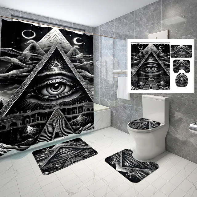 ชุดผ้าม่านห้องน้ำลายพิเศษ, พรมกันลื่น, พรมรูปตัวยู, แผ่นรองนั่งชักโครก, ผ้าม่านห้องอาบน้ำพร้อมตะขอปรับแต่งได้ 1