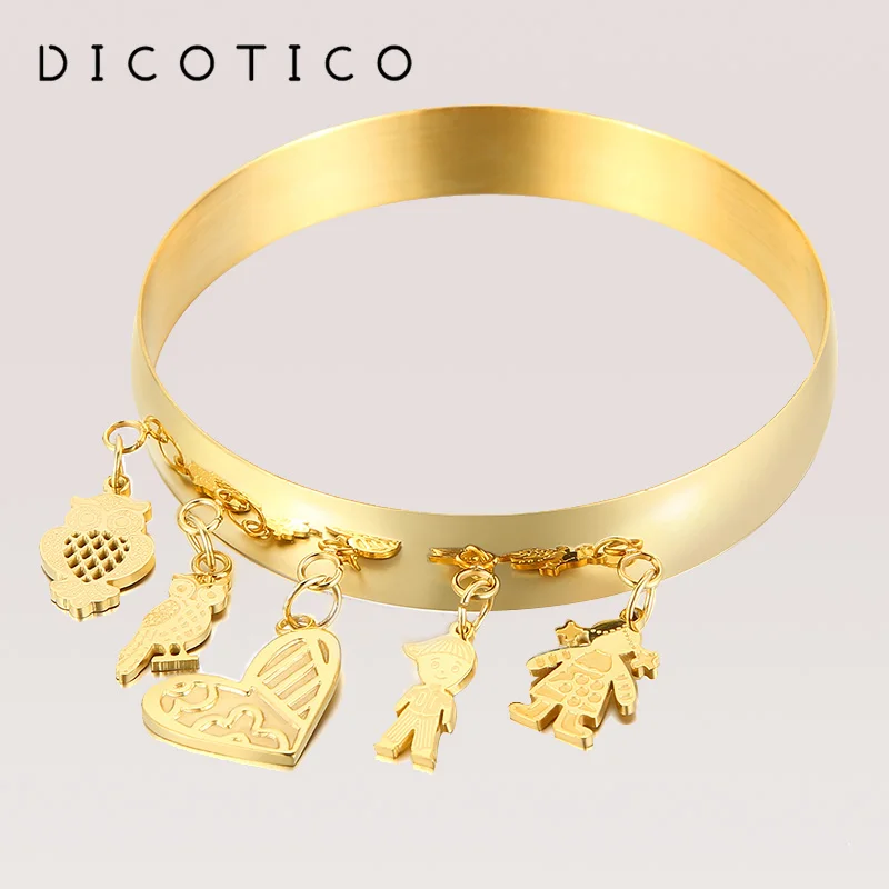 

DICOTICO Round Bangles For Women India Gold Color Stainless Steel Heart Cartoon Women Bangles Fashion Mujer Pulseiras Jewelry