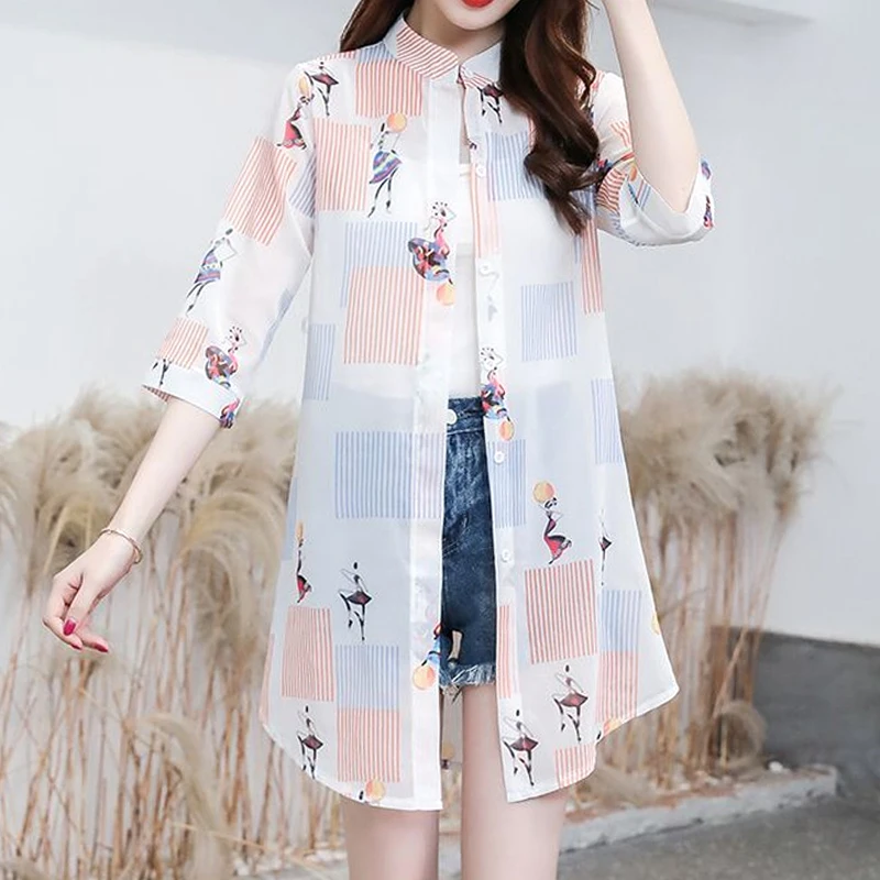 Printing Spring Summer Thin Turn-down Collar Blouses Comfortable Button Temperament Fashion Casual Office Lady Women's Clothing