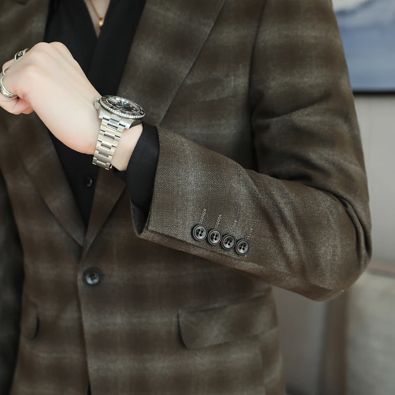 Men High Quality Slim Fit Checkered Casual Suit Stylish Handsome Trendy Boutique Single West Coat