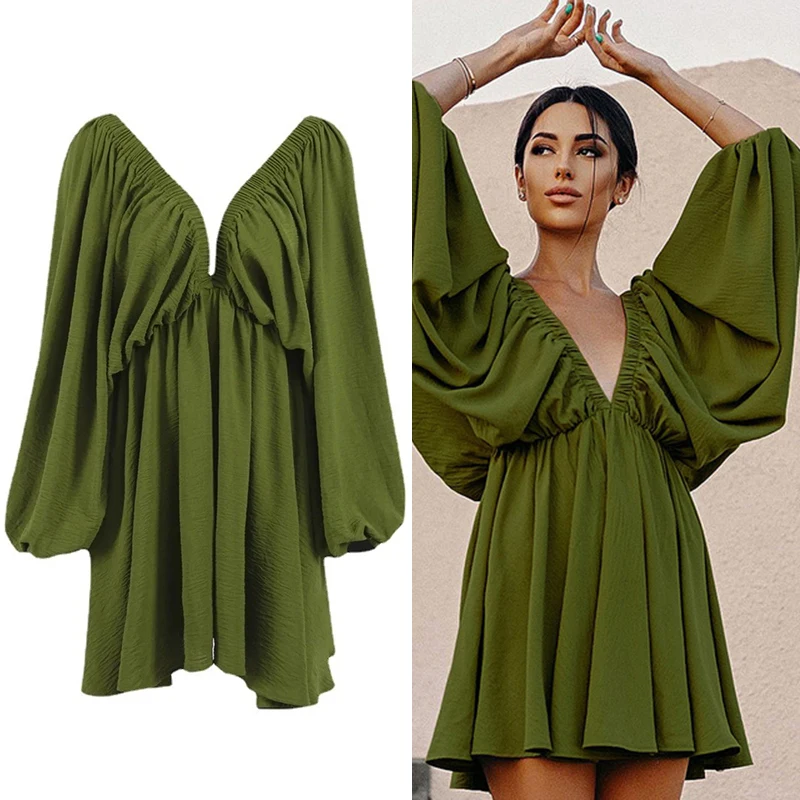 

Платье женское Плиссированное с низким вырезом, пикантный Повседневный трапециевидный силуэт, с открытой спиной, с рукавами-фонариками, с V-образным вырезом, в французском стиле ретро, лето