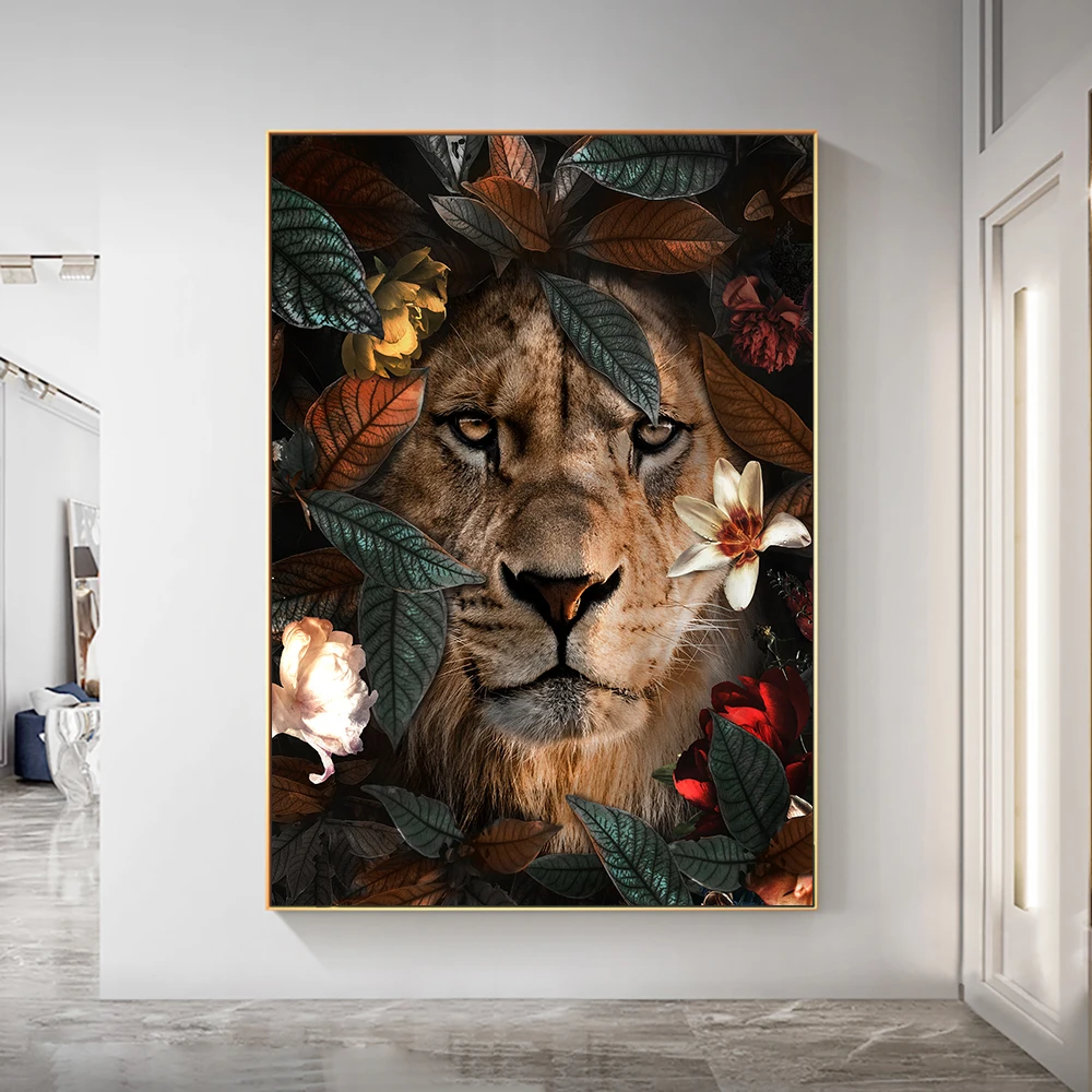 

Lion Tiger With Flowers Leaves Canvas Painting Nordic Cartoon Animal Posters And Prints Wall Art For Living Room Home Decoration