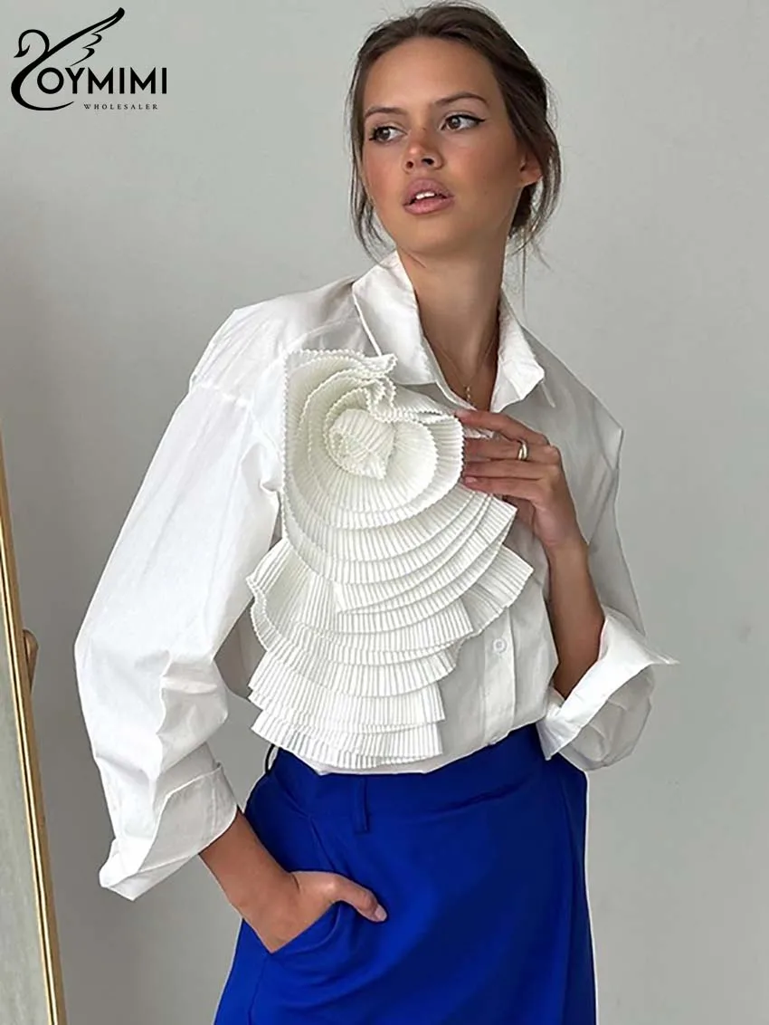 

Oymimi Fashion White Lapel Women's Shirt Elegant Long Sleeve Button Shirts Spring New Appliques Solid Blouses Female Clothing