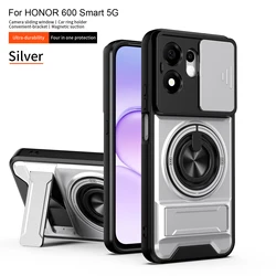 Armored Magnetic Ring Stand Phone Case with Lens Protection and Back Shell Cover for Honor 600 Smart (Silver)
