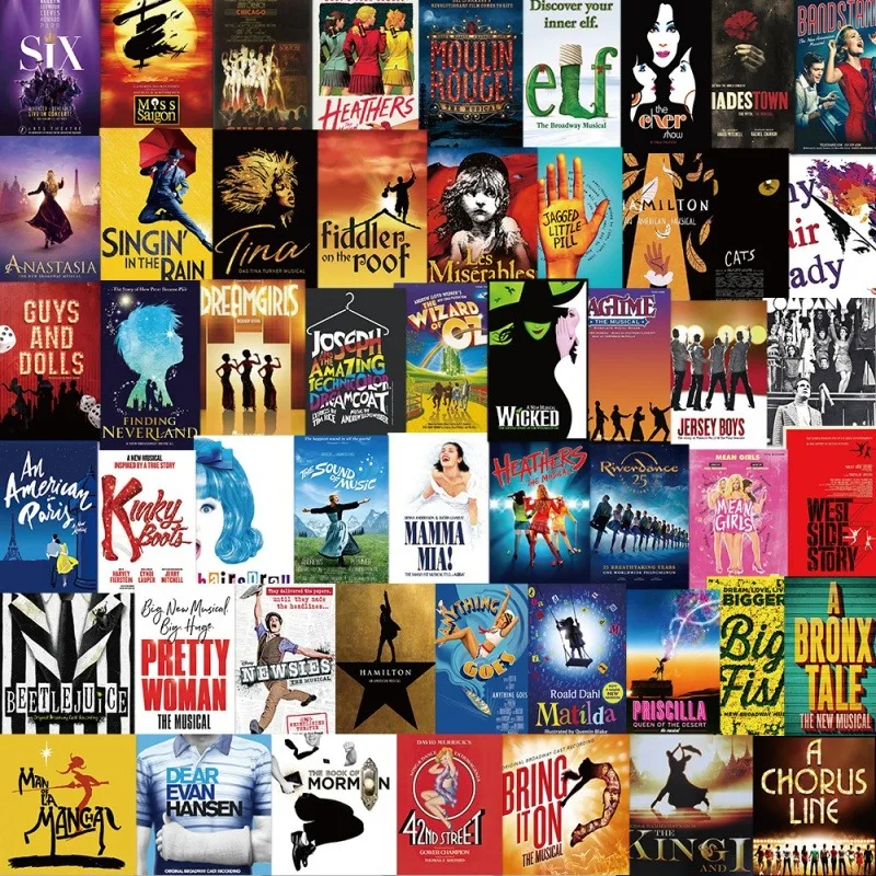 

52 Pcs/Pack Classic Theatre Musical Posters Stickers, Waterproof Vinyl Stickers for Laptop Luggage Phone Notebook Tablet Car