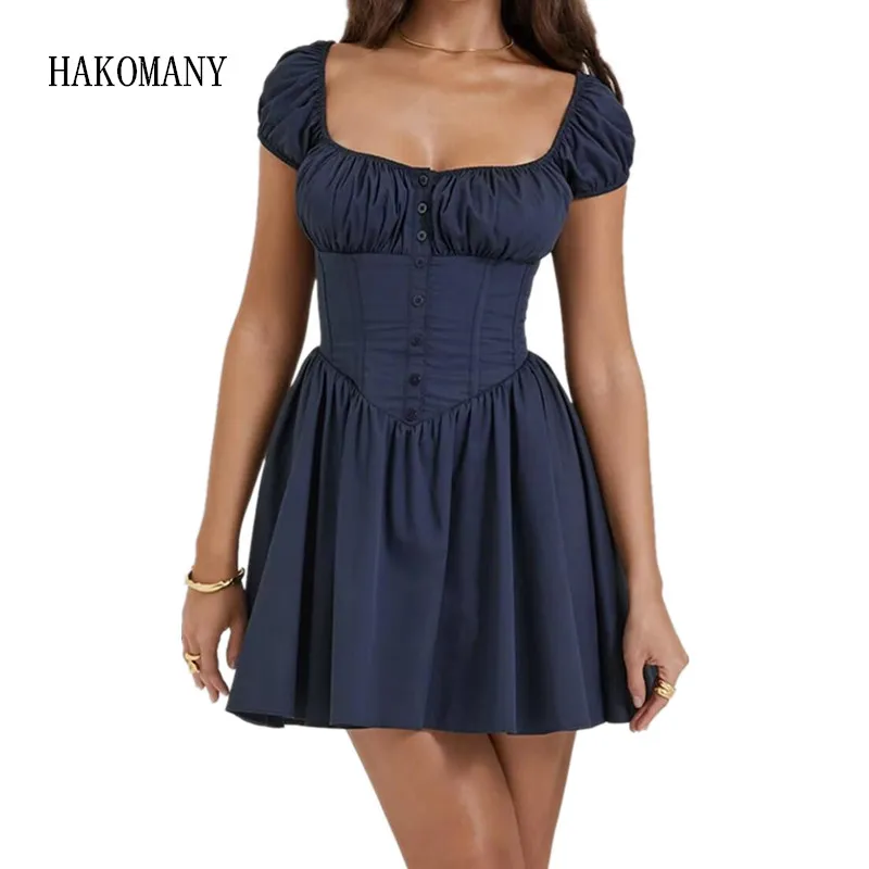 

2023 Women Sexy Navy Open Buttons Square Collar Ruched Low Chest Corset Style Mini Dress Short Puff Sleeve Slim Waist Swing